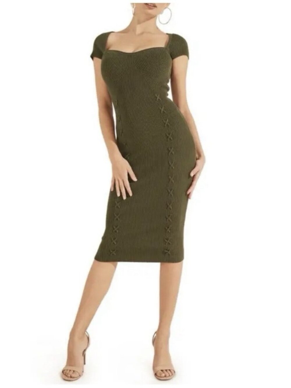 GUESS Margot Olive Green Ribbed Knit Sweetheart Cap Sleeve Dress Size S